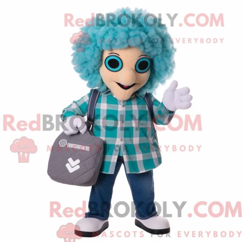 Costume De Mascotte Redbrokoly De Chou-Fleur Bleu Sarcelle Habillé D Une Chemise En Flanelle Et De Pochettes
