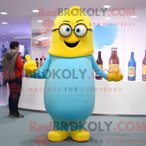 Personnage De Costume De Mascotte Redbrokoly De Bouteille De Moutarde Bleu Ciel Habillé Avec Un Jegging Et Des Lunettes