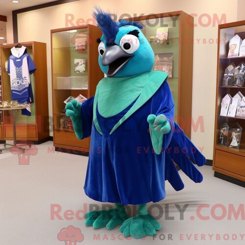 Costume De Mascotte Redbrokoly De Geai Bleu Vert Forêt Personnage Habillé Avec Une Robe De Soirée Et Des Portefeuilles