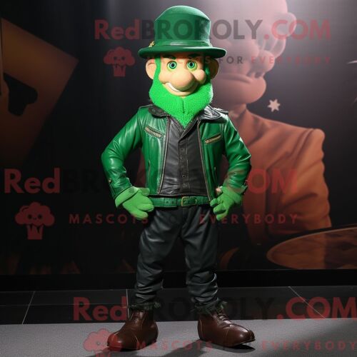 Costume De Mascotte Redbrokoly De Lutin Vert Habillé D Une Veste En Cuir Et De Bonnets
