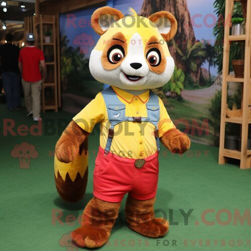 Costume De Mascotte Redbrokoly De Panda Roux Jaune Habillé D Une Chemise En Chambray Et De Coussinets De Pieds