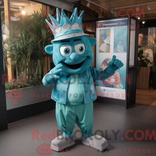 Costume Mascotte Redbrokoly De Roi Sarcelle Habillé Avec Une Combishort Et Des Casquettes