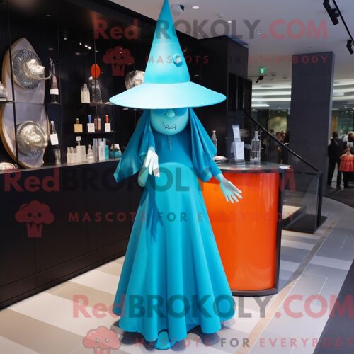 Costume De Mascotte Redbrokoly De Chapeau De Sorcière Cyan Habillé Avec Une Robe De Cocktail Et Des Pochettes
