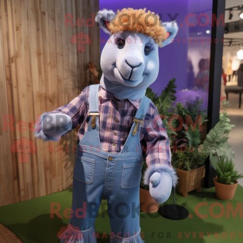 Costume De Mascotte Redbrokoly D Alpaga Violet Personnage Habillé D Une Chemise En Chambray Et De Pinces À Cheveux