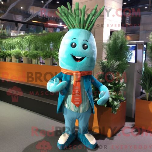 Costume De Mascotte Redbrokoly De Carotte Turquoise Habillé D Une Chemise En Chambray Et D Épingles À Cravate