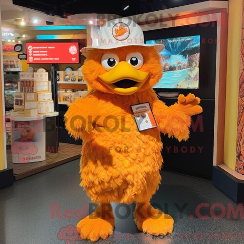 Costume De Mascotte Redbrokoly De Poulet Orange Habillé D Un Bermuda Et D Épingles À Chapeau