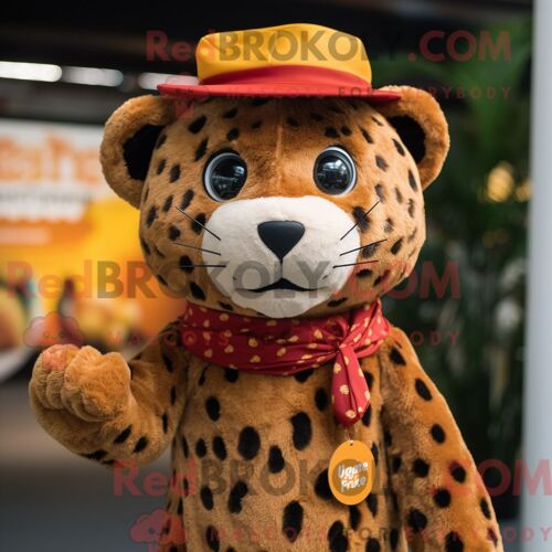 Costume De Mascotte Redbrokoly De Léopard Rouille Personnage Habillé Avec Une Robe Midi Et Des Chapeaux