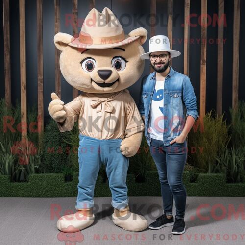 Mascotte Redbrokoly De Magicien Beige Costume De Personnage Habillé Avec Un Jean Boyfriend Et Des Casquettes