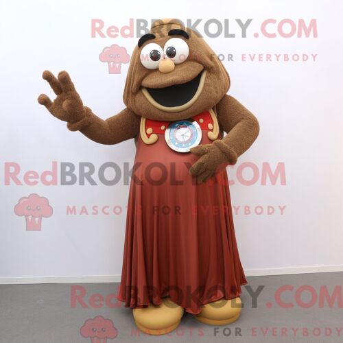 Personnage De Costume De Mascotte Redbrokoly De Montre-Bracelet Marron Habillé Avec Une Robe Longue Et Des Bagues