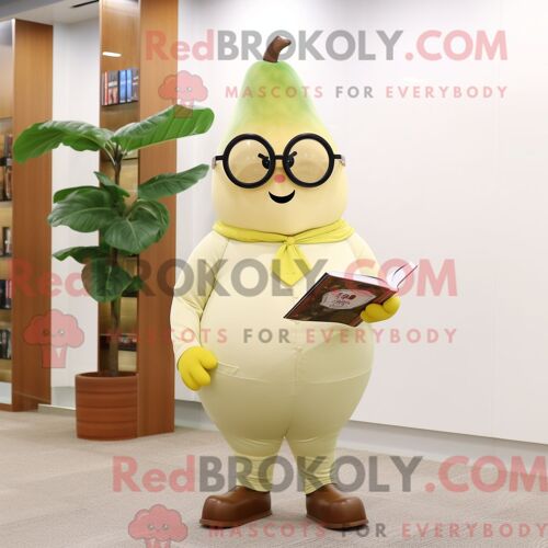Costume Mascotte Redbrokoly De Poire Crème Personnage Habillé D Une Combinaison Et De Lunettes De Lecture
