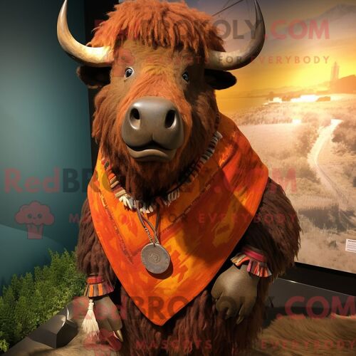 Costume Mascotte Redbrokoly De Buffle Rouille Habillé D Un Cardigan Et De Bracelets