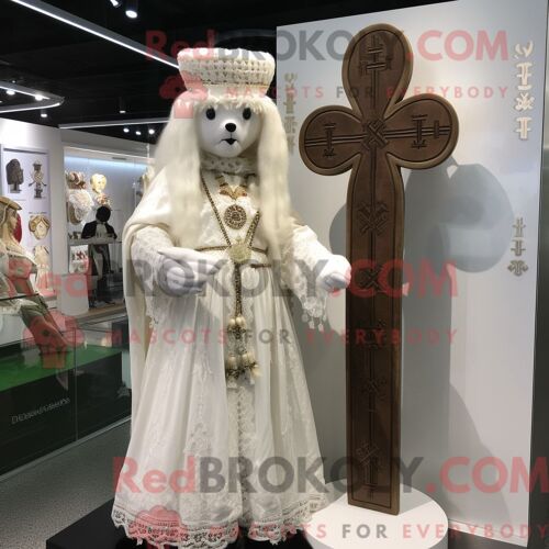 Personnage De Costume De Mascotte Redbrokoly De Poulet Frit Blanc Habillé D Une Robe Portefeuille Et De Gants