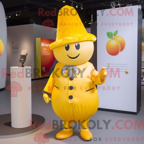 Costume De Mascotte Redbrokoly De Prune Jaune Personnage Habillé D Un Gilet Et D Épingles À Chapeau