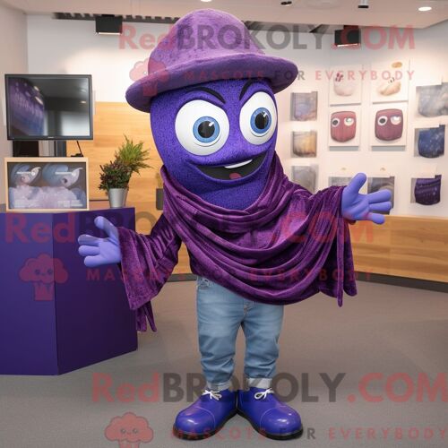Personnage De Costume De Mascotte Redbrokoly Purple Plate Spinner Habillé Avec Un Jean Bootcut Et Des Écharpes