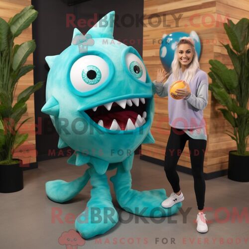 Costume Mascotte Redbrokoly De Piranha Turquoise Personnage Habillé Avec Un Pantalon De Yoga Et Des Épingles À Cheveux