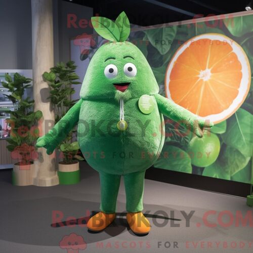 Mascotte Redbrokoly De Pamplemousse Vert Forêt Personnage Habillé Avec Un Cardigan Et Des Épingles À Cheveux