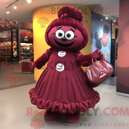 Costume De Mascotte Redbrokoly De Boulettes De Viande Marron Habillé D Une Jupe Circulaire Et De Sacs À Main