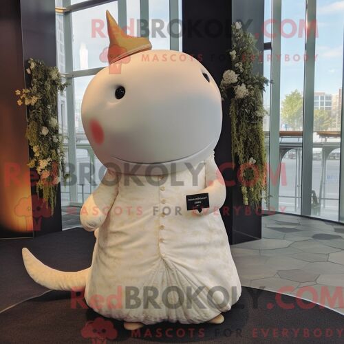 Costume Mascotte Redbrokoly De Narval Beige Personnage Habillé D Une Robe De Mariée Et De Coussinets De Pieds