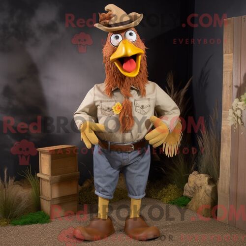 Costume Mascotte Redbrokoly De Coqs Beiges Personnage Habillé Avec Un Jean Et Des Boucles D Oreilles