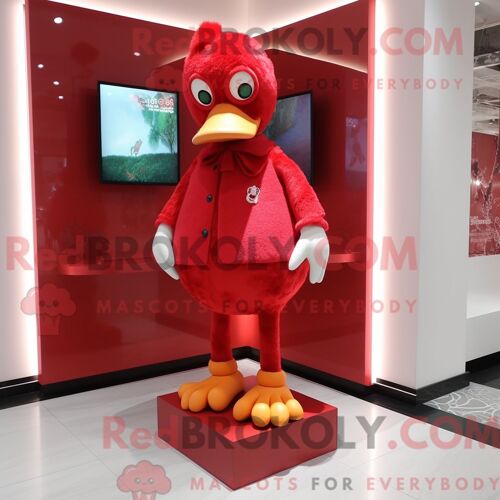 Costume De Mascotte Redbrokoly De Canard Rouge Habillé D Un Legging Et D Épingles À Cheveux