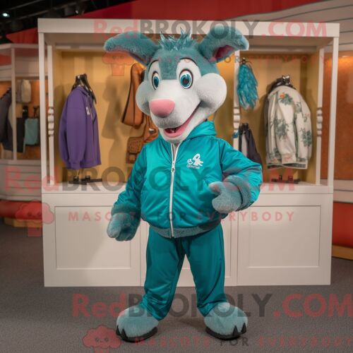 Costume Mascotte Redbrokoly D Âne Bleu Sarcelle Habillé Avec Un Coupe-Vent Et Des Pochettes