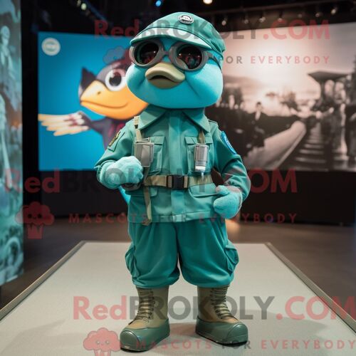 Costume De Mascotte Redbrokoly De Soldat De L Armée De L Air Bleu Sarcelle Habillé Avec Un Pantalon Chino Et Des Pinces À Chaussures