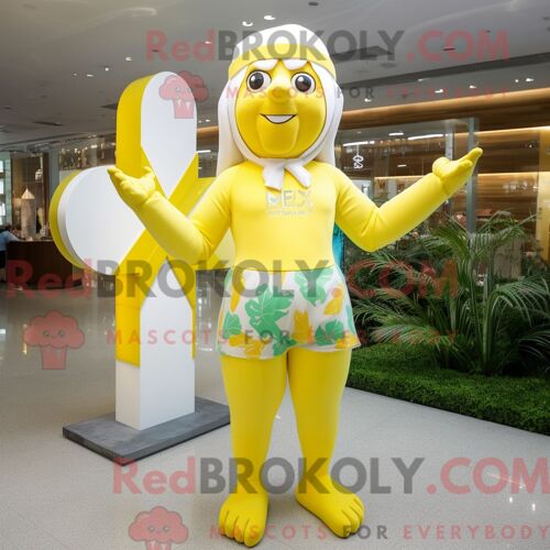 Costume De Mascotte Redbrokoly De Croix Celtique Jaune Citron Habillé Avec Un Maillot De Bain Une Pièce Et Des Écharpes