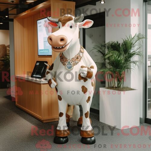 Costume De Mascotte Redbrokoly De Vache Holstein Tan Habillé D Un Pantalon Capri Et De Boucles D Oreilles