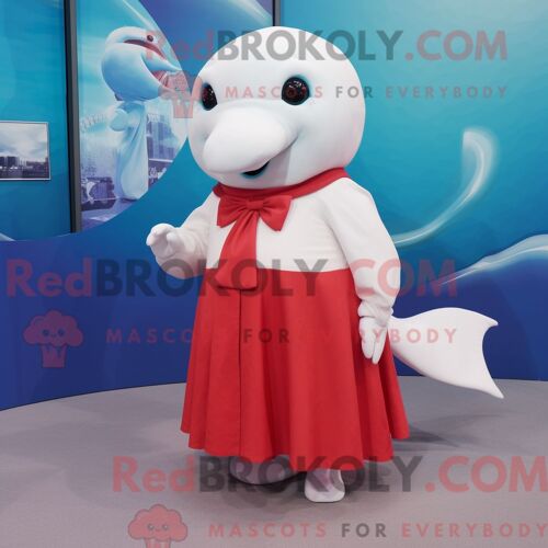 Costume De Mascotte Redbrokoly De Béluga Personnage Habillé Avec Une Jupe Et Des Broches