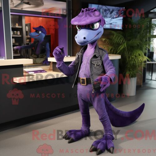 Costume Mascotte Redbrokoly De Velociraptor Violet Personnage Habillé D Un Jean Et De Portefeuilles