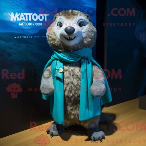 Costume Mascotte Redbrokoly De Marmotte Turquoise Personnage Habillé Avec Un Gilet Et Des Châles