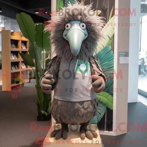 Costume Mascotte Redbrokoly De Kiwi Gris Personnage Habillé Avec Un T-Shirt À Col En V Et Des Broches