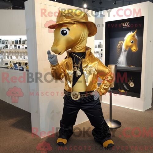 Costume Mascotte Redbrokoly De Fer À Cheval Doré Personnage Habillé Avec Une Veste Et Des Bretelles