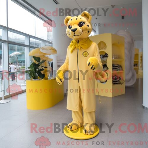 Costume De Mascotte Redbrokoly De Panthère Jaune Citron Personnage Habillé Avec Une Robe Midi Et Des Clips Pour Écharpe