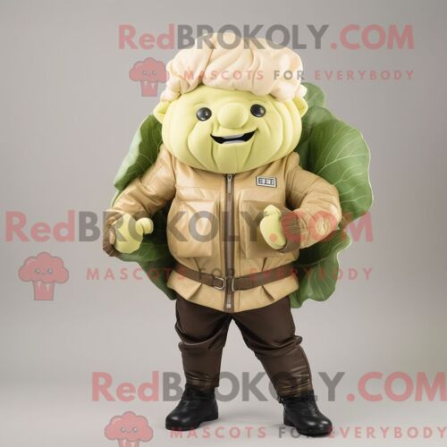 Personnage De Costume De Mascotte Redbrokoly De Brocoli Beige Habillé Avec Un Jean Et Des Pochettes