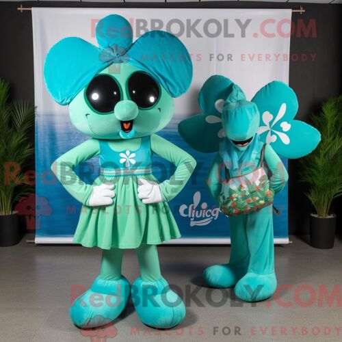 Costume De Mascotte Redbrokoly De Bunch Of Shamrocks Bleu Sarcelle Habillé Avec Un Bikini Et Des Pochettes