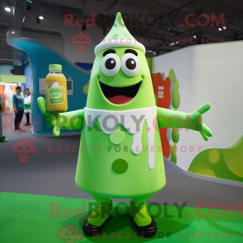 Personnage De Costume De Mascotte Redbrokoly De Bouteille De Lait Vert Citron Habillé Avec Un Gilet Et Des Bracelets De Cheville