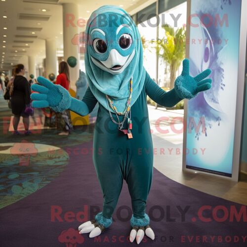 Costume De Mascotte Redbrokoly De Mort-Vivant Bleu Sarcelle Habillé Avec Un Pantalon De Yoga Et Des Boucles D Oreilles