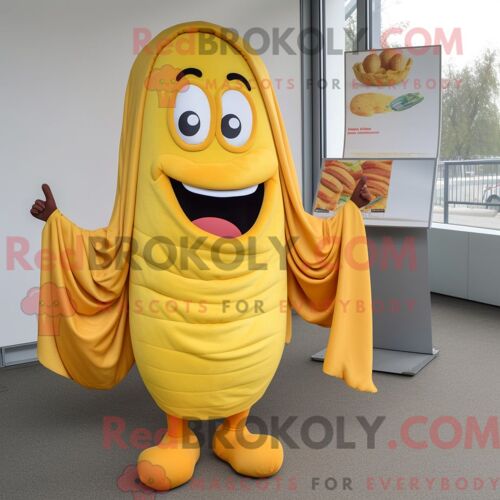 Personnage De Costume De Mascotte Redbrokoly De Currywurst Jaune Habillé Avec Des Leggings Et Des Épingles De Châle