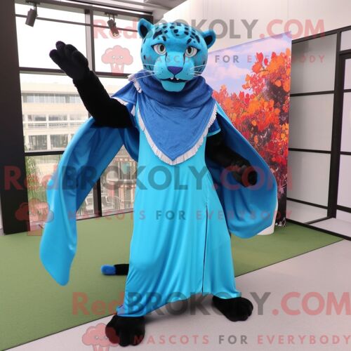 Personnage De Costume De Mascotte Redbrokoly De Panthère Bleu Ciel Habillé Avec Une Robe Trapèze Et Des Foulards