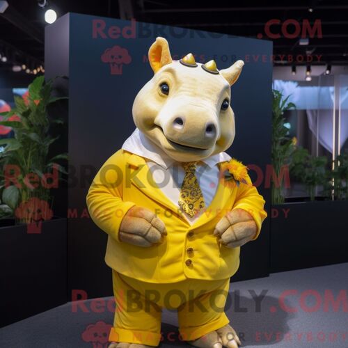 Mascotte Redbrokoly De Rhinocéros Jaune Costume De Personnage Habillé Avec Un Gilet Et Des Bracelets
