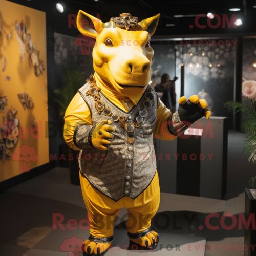 Mascotte Redbrokoly De Rhinocéros Jaune Costume De Personnage Habillé Avec Un Gilet Et Des Bracelets