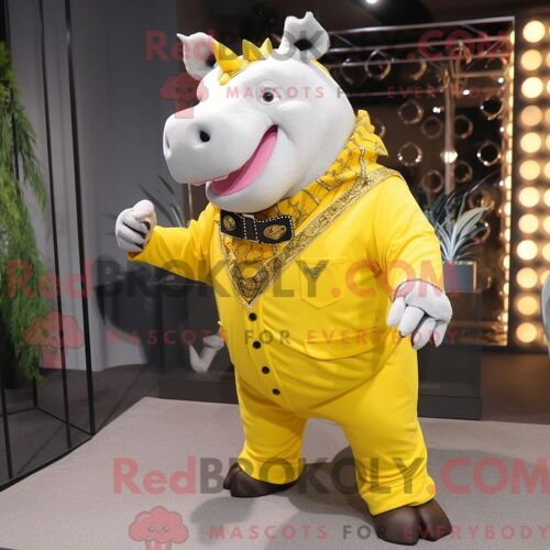 Mascotte Redbrokoly De Rhinocéros Jaune Costume De Personnage Habillé Avec Un Gilet Et Des Bracelets
