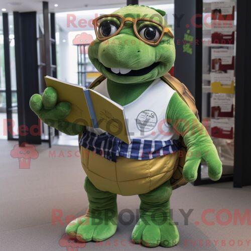 Costume De Mascotte Redbrokoly De Tortue Olive Habillé D Une Chemise Oxford Et De Lunettes De Lecture