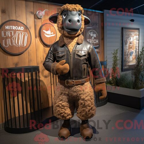 Costume De Mascotte Redbrokoly De Mouton Mérinos Rouille Habillé D Une Veste En Cuir Et De Cravates