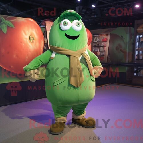 Personnage De Costume De Mascotte Redbrokoly De Pomme De Terre Verte Habillé Avec Un Blouson Aviateur Et Des Lacets De Chaussures