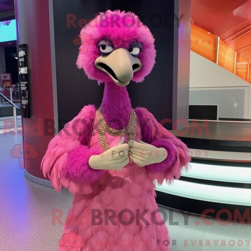 Costume De Mascotte Redbrokoly D Émeu Rose Habillé D Une Robe De Soirée Et De Montres-Bracelets