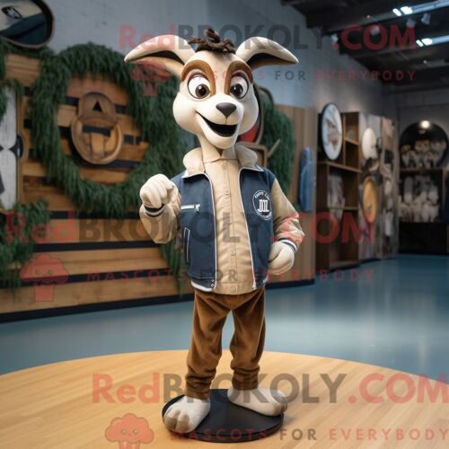 Costume Mascotte Redbrokoly De Gazelle Personnage Habillé Avec Un Blouson Aviateur Et Des Pinces À Chaussures