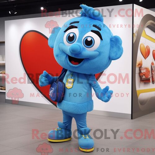 Costume De Mascotte Redbrokoly De Coeur Bleu Habillé Avec Une Combinaison Et Des Pochettes