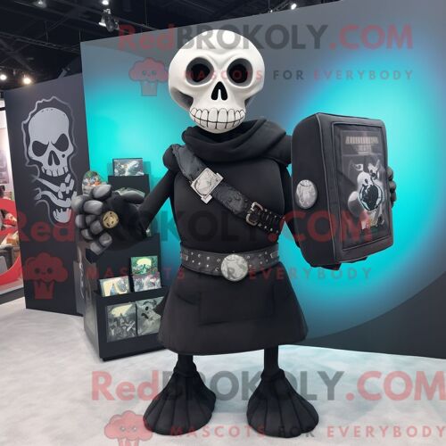 Costume De Mascotte Redbrokoly De Crâne Noir Habillé D Un Débardeur Et D Un Porte-Monnaie